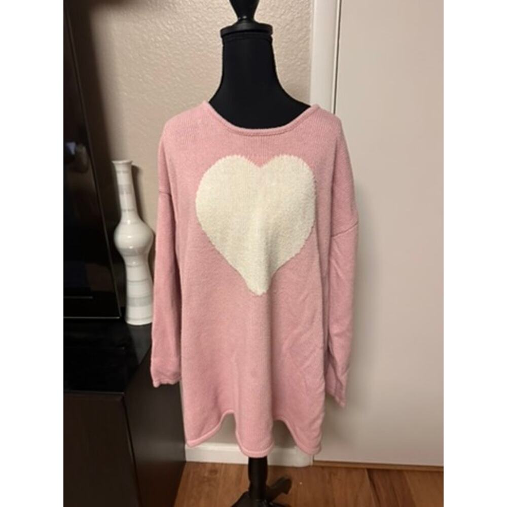 Woman Within Pink Oversized Intarsia Knit Heart Sweater - Size Large